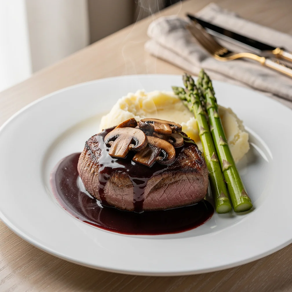Medalhão de Filé Mignon ao Molho de Vinho e Cogumelos